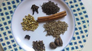 Clockwise from the Cinnamon Stick: Cinnamon, Cumin, Black Cardamom, Cardamom Seeds, Peppercorn, Coriander, Clove, and Black Cumin.